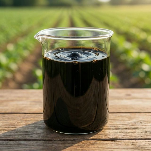Illustrative dark liquid concentrate in a laboratory beaker beside a field